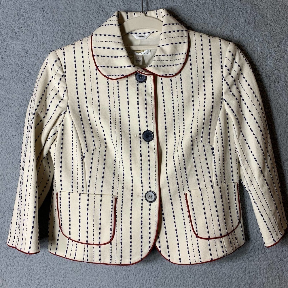 Talbots Blazer Suit Jacket Womens 4 Cream Ivory Blue Stripe Stretch Spandex NEW